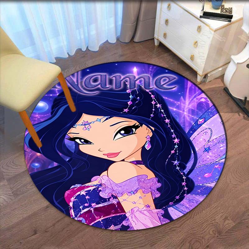 Custom Name Winx Club Printed Round Rug Carpet Chair Rug Area Rug Entryway Doormats,for Office Chair Living Room Bedroom Kitchen Room.