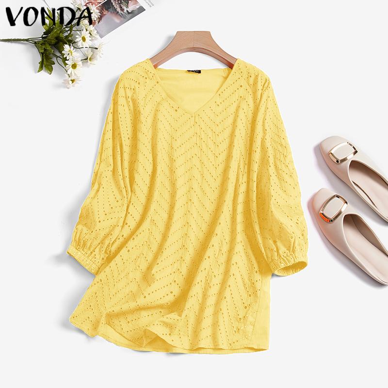 

VONDA Однотонные полые топы с длинными рукавами и V-образным вырезом