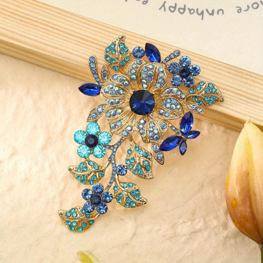 

Vintage Floral Brooch - Luxurious Rhinestone-Encrusted, for Formal Events & Retro Jewelry Enthusiasts, Ideal Gift