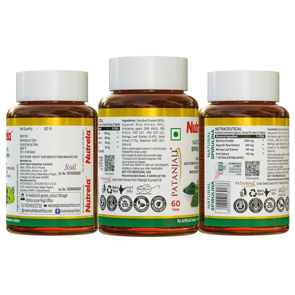 Nutrela Nutrition Spirulina 60 Tablets Pack | High-Protein Superfood For Energy, Immunity & Vegan Health