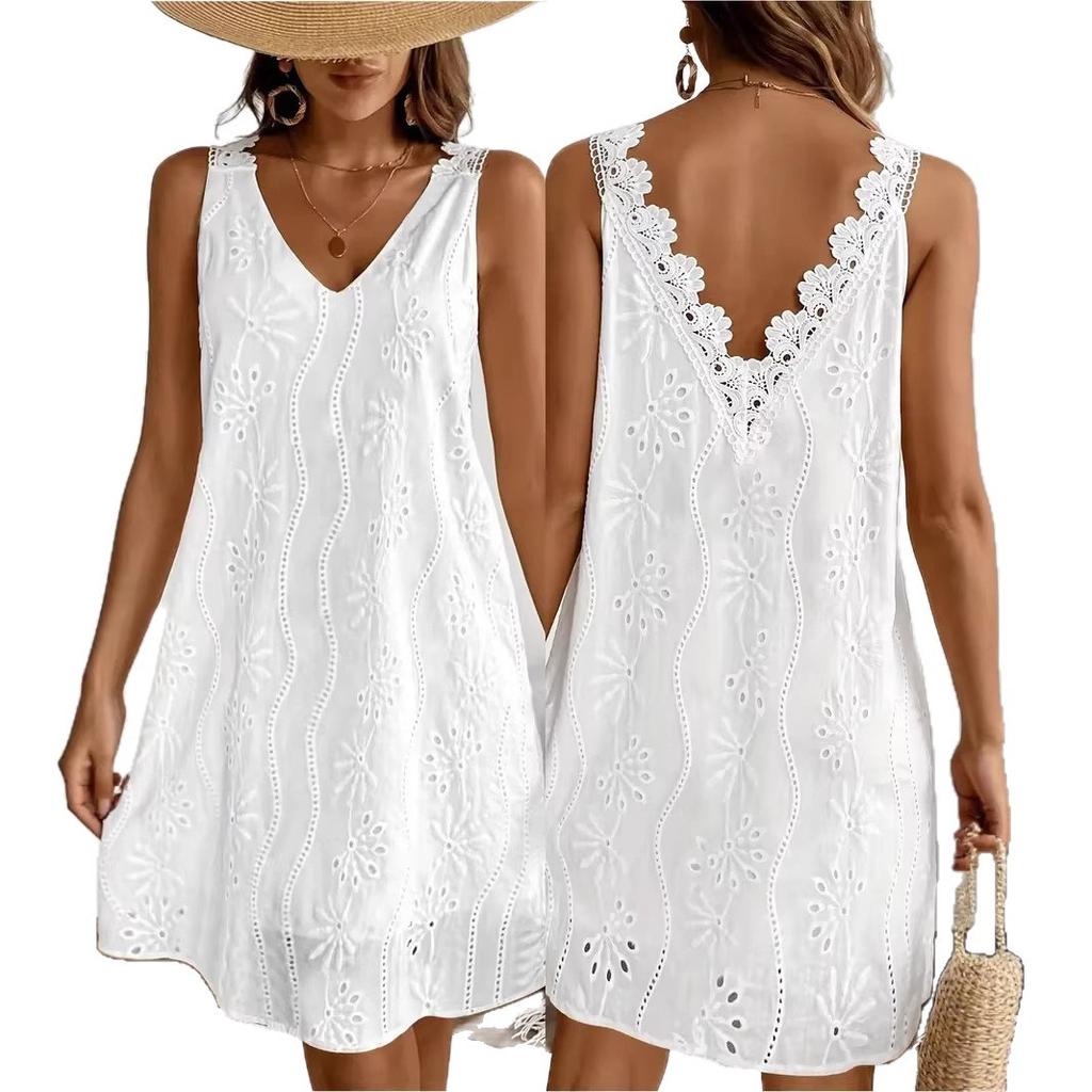 European and American loose casual solid color V-neck lace sleeveless A-shaped skirt 2026 new medium elegant skirt