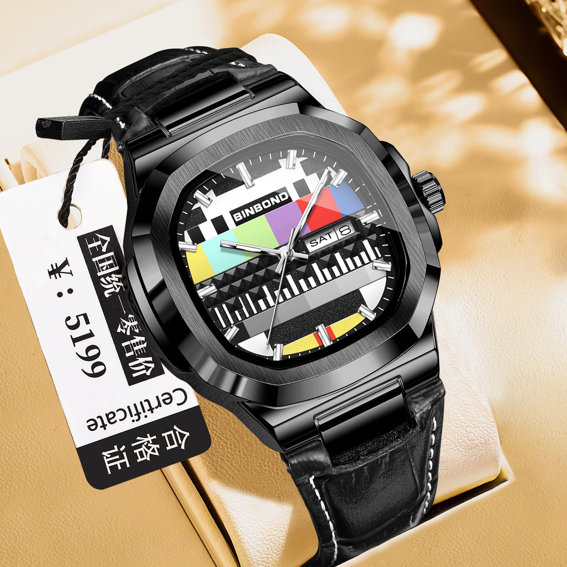 Binbang Retro Quartz Watch: Waterproof, Leather Strap, Dual Calendar