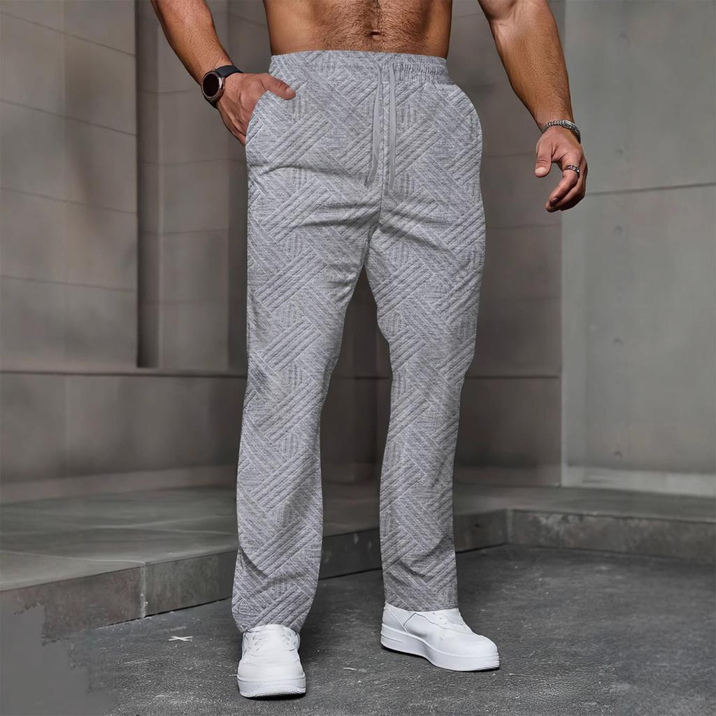 Men's Casual Jacquard Drawstring Loose Fit Solid Color Pocket Sports Pants Comfortable Elastic Waistband Activewear Bottoms