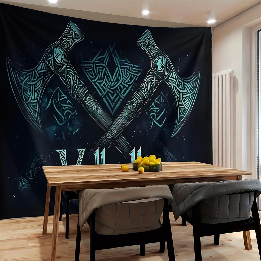 1 Stück, Nordische Walhalla Wandteppich. Keltisches Knoten- und Sternen-Traum-Wandbehang, Axt-Design, Helle Blau- und Gold-Keltische Muster