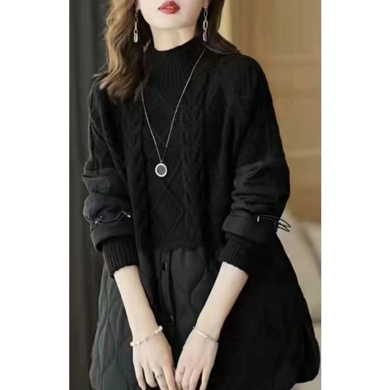 

Зимние свитера оверсайз женские пэчворк утепленное пальто пуловер вязаный водолазка ложный двухкомпонентный свободный свитер One Size чёрный