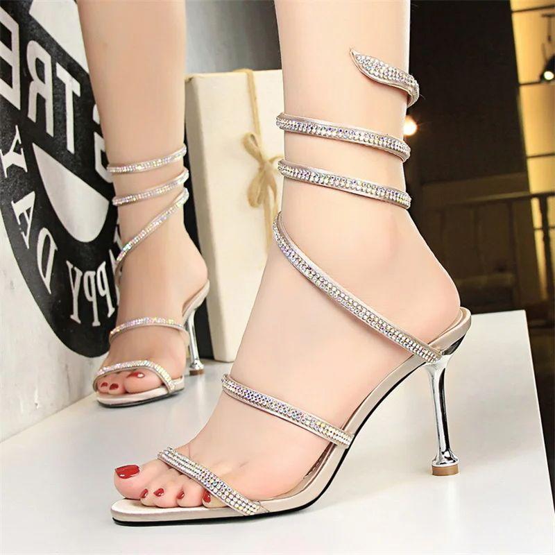 Luxury Rhinestones  Snake Coiled Women Stiletto Heels  Sandals Summer Fashion Open Toe Wedding Bridal  Black Red Pumps