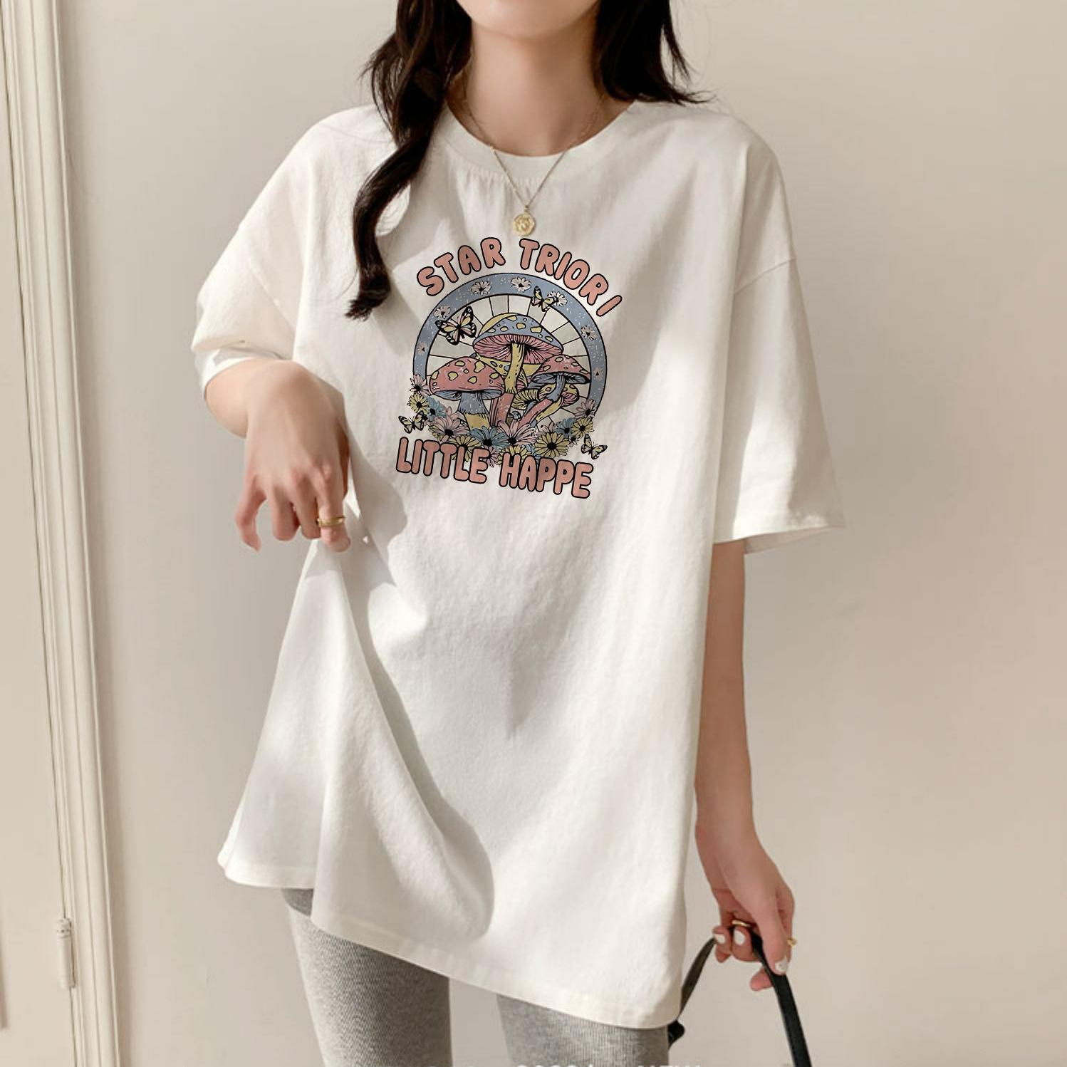 

Medium and long cotton t-shirt women s short-sleeved 2025 new loose large version with shark pants half-sleeved top t-shirt S
