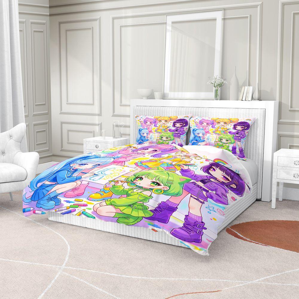 Anime Girls Bedroom Duvet Cover Set Digital Print Bedding Set Cute Cartoon Cat Ears Rainbow Stars Comforter Cover for Teens