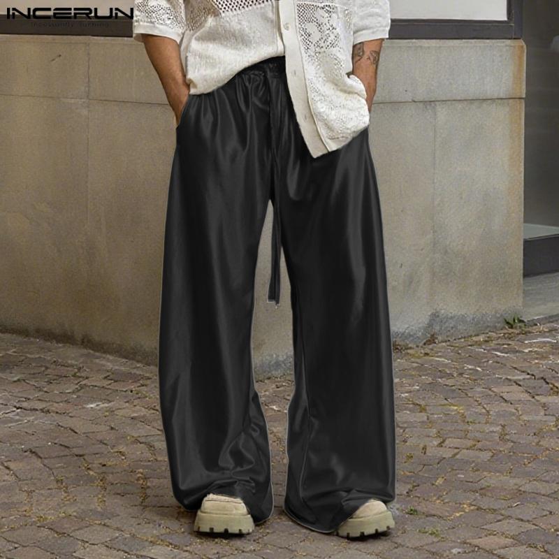 INCERUN Men's Elastic Waist Smooth Shiny Long Wide Legs Pants Trousers and White Semi-Sheer