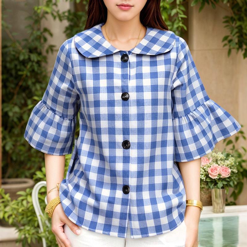 

ZANZEA Женская повседневная блузка свободного кроя с кукольным воротником и рукавами 3/4 с принтом в клетку XL синий