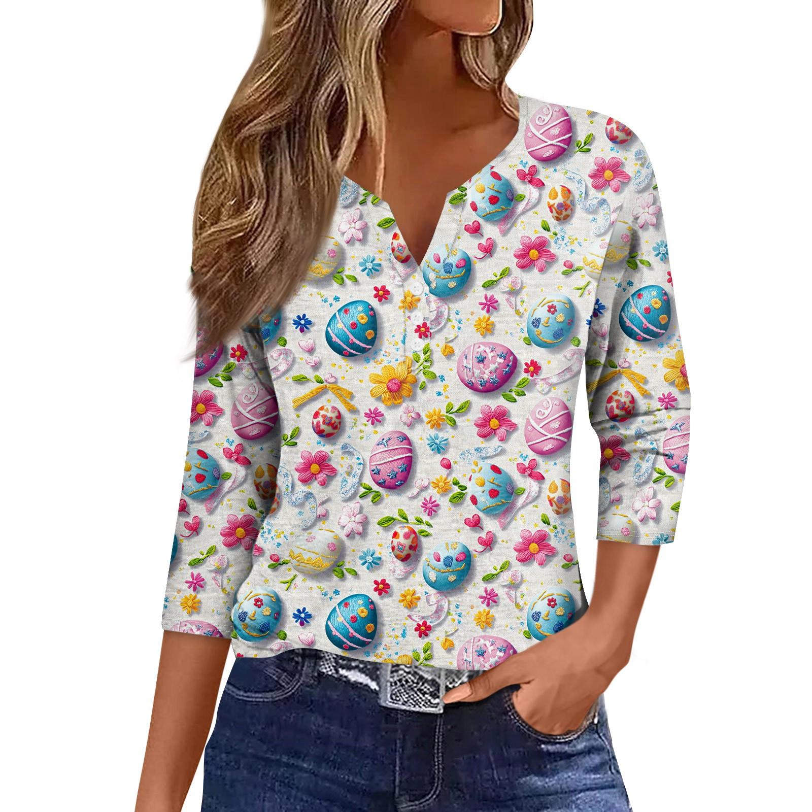 Women s Loose Casual  Print Seven Quarter Sleeved V-Neck Top Seven Quarter Sleeved V-Neck Top L