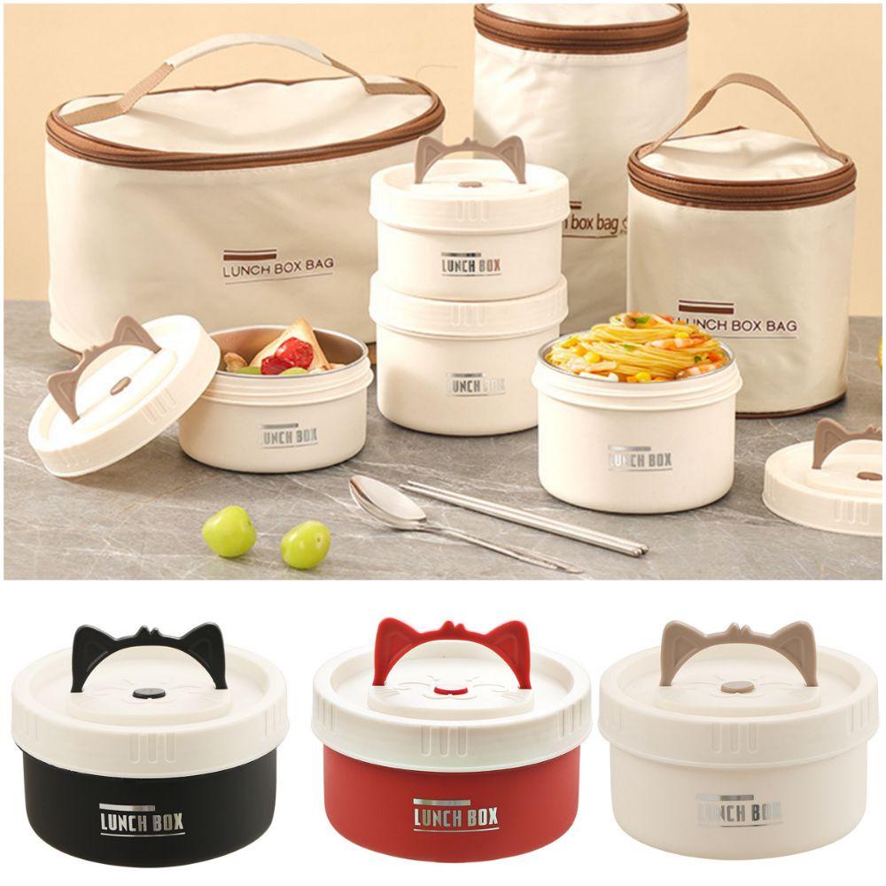 304 Stainless Steel Heat Preservation Lunch Box Round Cat Ear Handle Microwavable Bento Box 450ml/600ml Sealed Storage Box