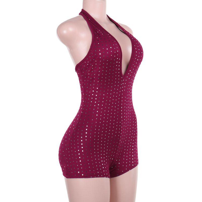 

Outfitgirl Sexy Halter Deep V Neck Jumpsuit Women s Bar Nightclub Reflective Sequin Personality Slim Fit Shorts Wine red L