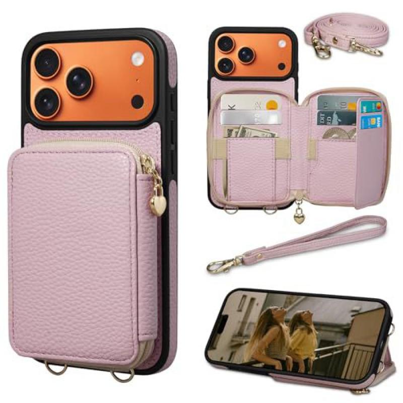 Leather Phone Case With Zipper Wallet Crossbody Strap IPhone 17 Pro Women Shockproof Protective Cover