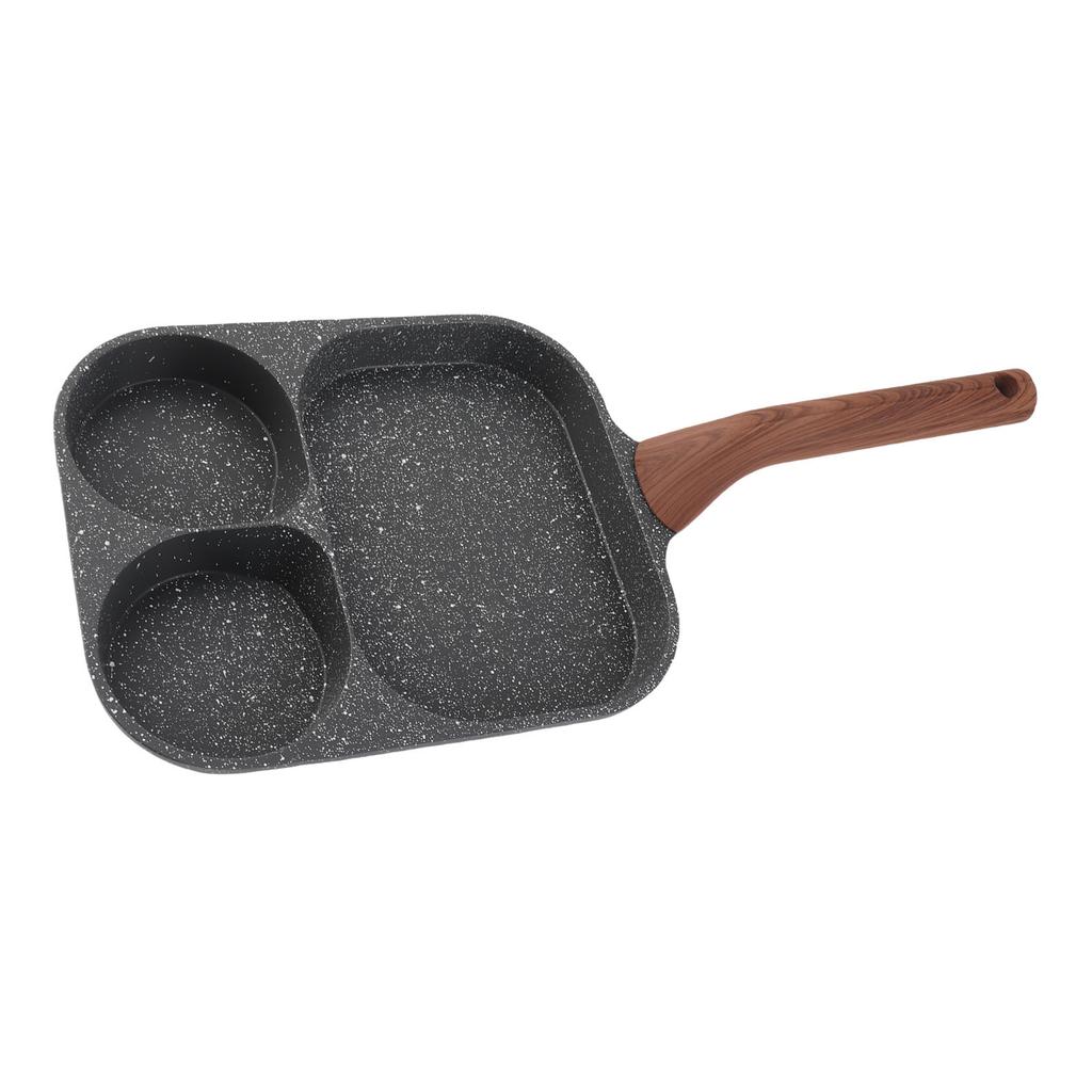 Egg Frying Pan 3 Section Stick Proof Flat Bottom Breakfast Cooking Pan with Heat Resistant Handle for Steak Omelette Black