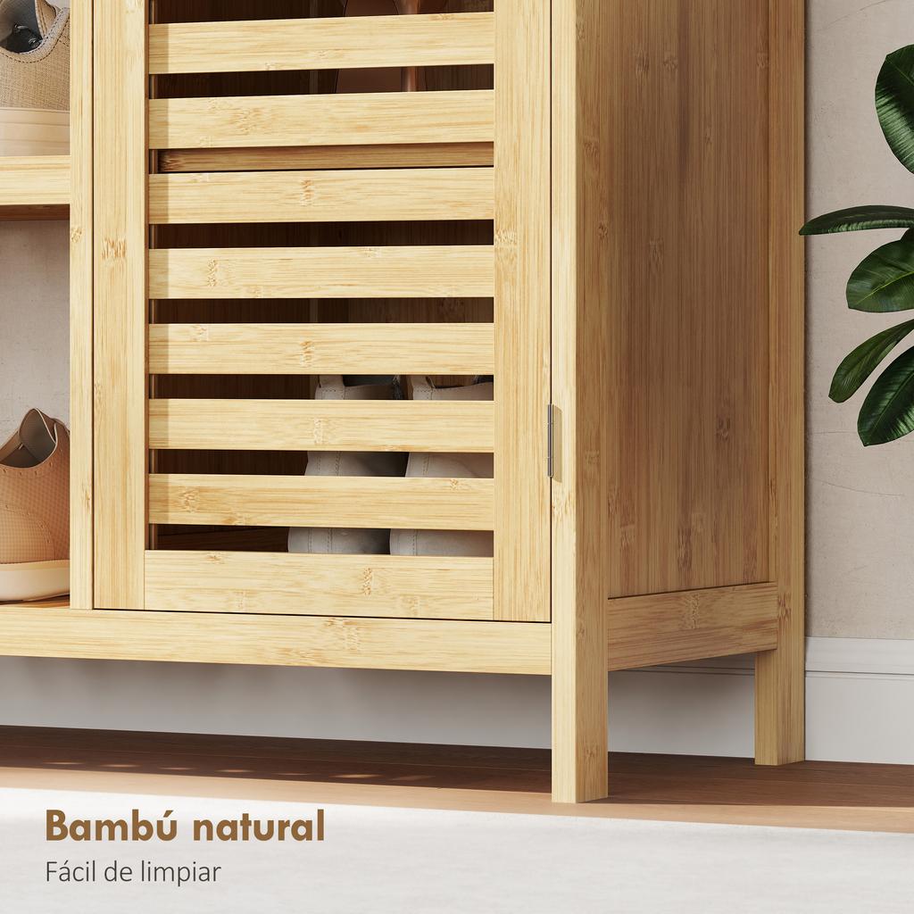 Bamboo Slatted Shoe Storage Cabinet, 2 Doors, Shelves, Open Compartments, 100x33x86cm, Natural