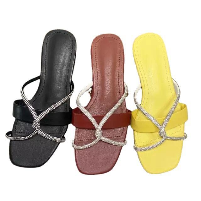 Lady's Flat Slippers Large Size Flat Shoes Fashion Casual Solid Color Rhinestone Cross Strap Women's Sandals