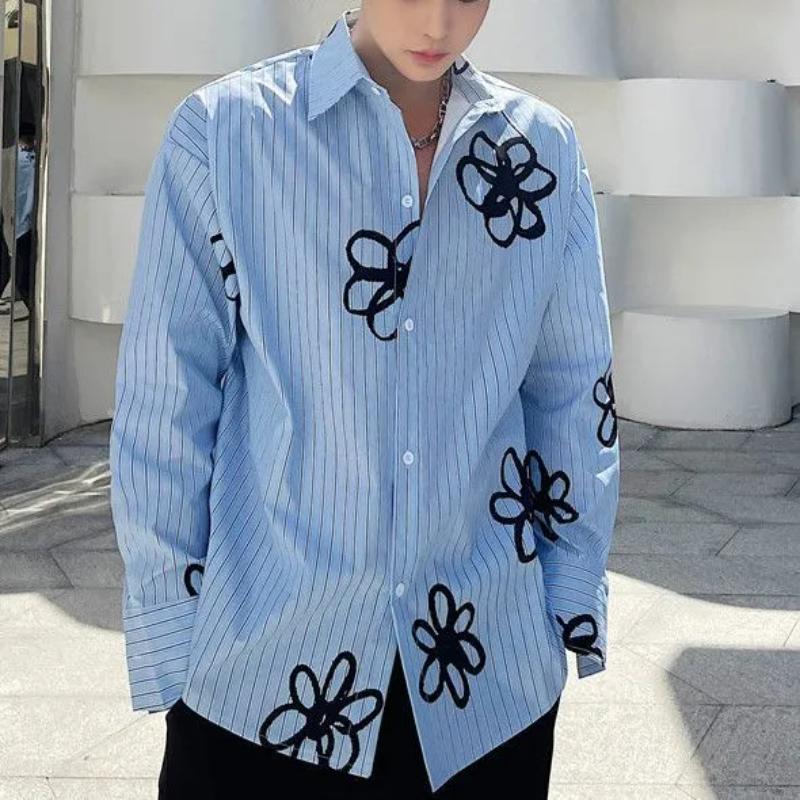 

Новий Трендовий Стильний Нішевий Зухвалий Чоловічий Вільний Довгий Рукав Повсякденний Універсальний Квітковий Топ Новий Стиль для Весни та Осені L синій