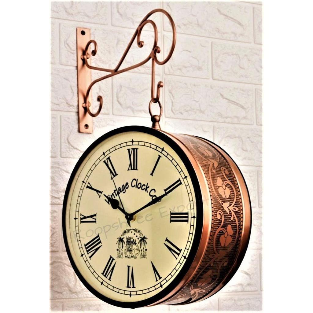(10 INCH - Two Side Roman Numbers) Vintage Clock Iron Handcrafted Double Side Analog Clock , Rose Gold Finish, Floral Design