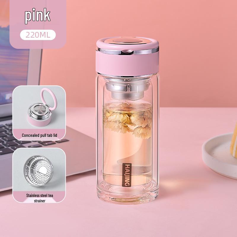 

Compact Double-Layer Glass Cup - Stylish Portable Design for Women - Personalized Pocket-Sized Gift Option 220ML розовый