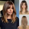 Parrucca Lunga Ondulata Moda Donna, Capelli Sintetici in Fibra Sintetica ad Alta Temperatura, Frangia a Tenda Castana Balayage