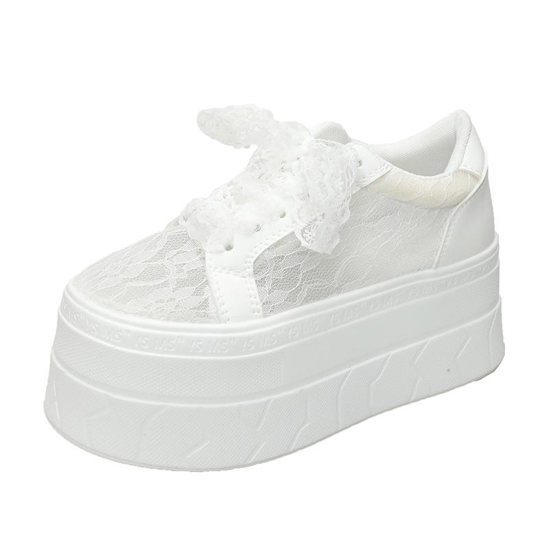 Fashion Genuine Leather/lace Mesh Flat Womens White Sneaker Summer Round Toe Platform 7.5CM Thick Botton Lace-up Sports Shoes