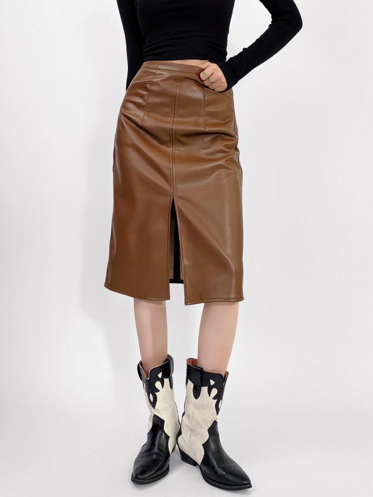Slimming PU Leather High Slit Midi Skirt - Retro High Waist Hip-Hugging Style