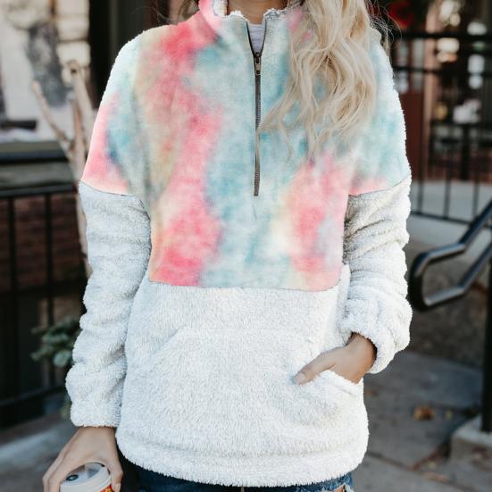 

Winter Women Patchwork Printed Long Sleeve Loose Plush Coat Outerwear Pullover