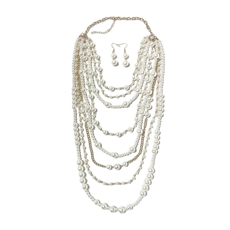 Elegant Multilayer Simulated Pearls Chain Long Necklace Fashion Statement Necklace Stylish Neck Jewelry for Women Girls