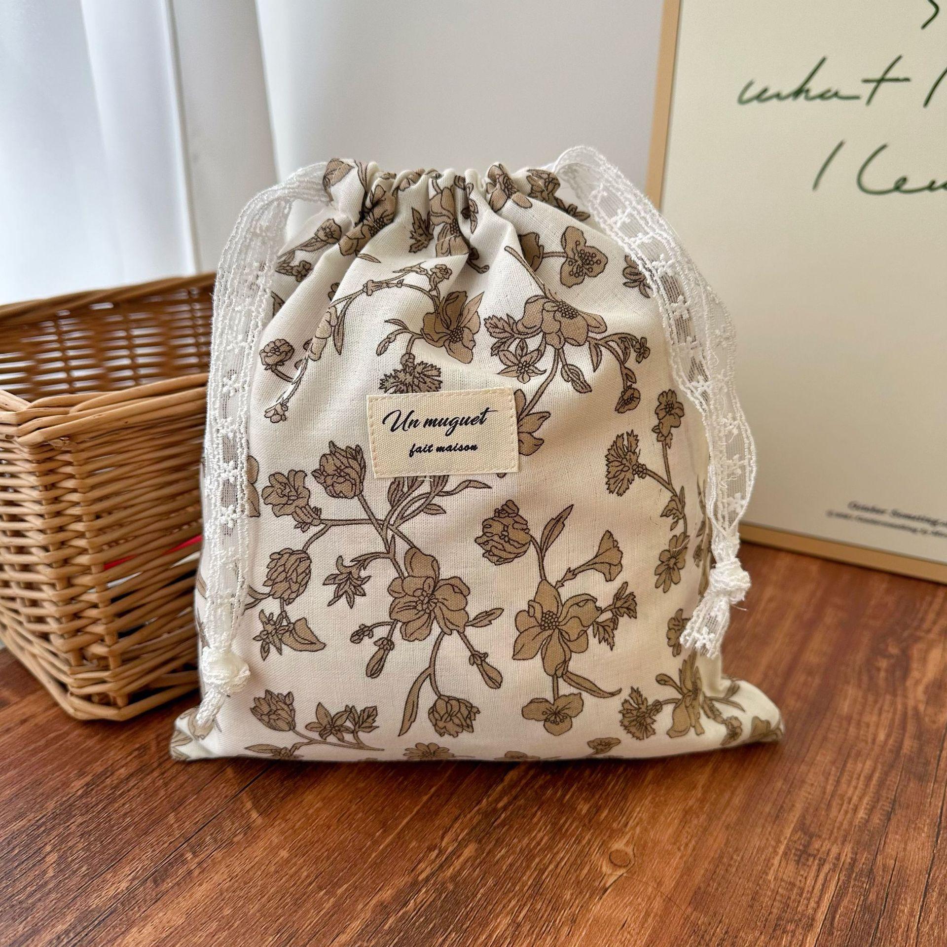 

1pc Floral Drawstring Storage Bags with Lace Trim - Assorted Patterns, Multi-Size Organizer for Home, Closet, and Craft Supplies