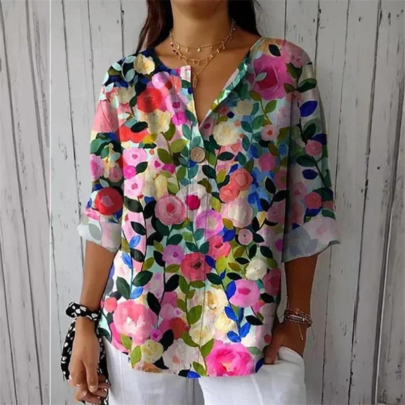 Dame Genser med Knappedekorasjon Elegant Bluse med Blomsterprint Dame Casual Halvsplitt Krage Ni-kvart Ermer Topper 2025