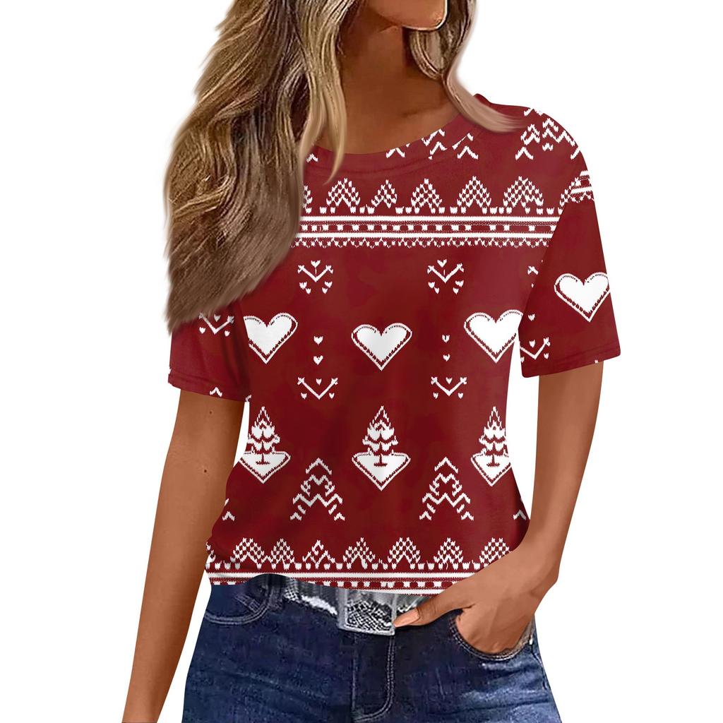 Women's Fashionable Casual Short Sleeve Christmas Print Round Neck Pullover Top