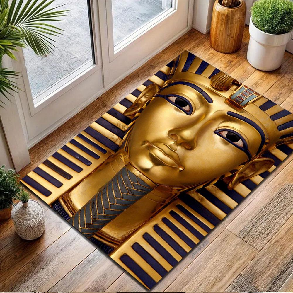 Golden Pharaoh's Mask Design Patterned carpet, non slip mat suitable for living room and bedroom sofas