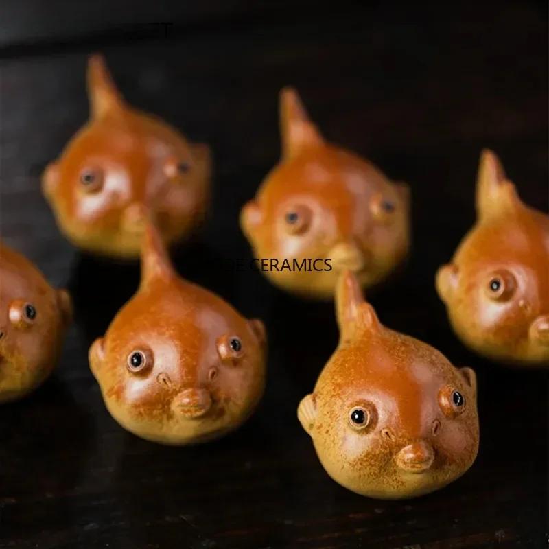 Cute Puffer Fish Statue Ornaments Chinese Yixing Purple Clay Tea Pet Handmade Sculpture Crafts Boutique Tea Set Decoration Art