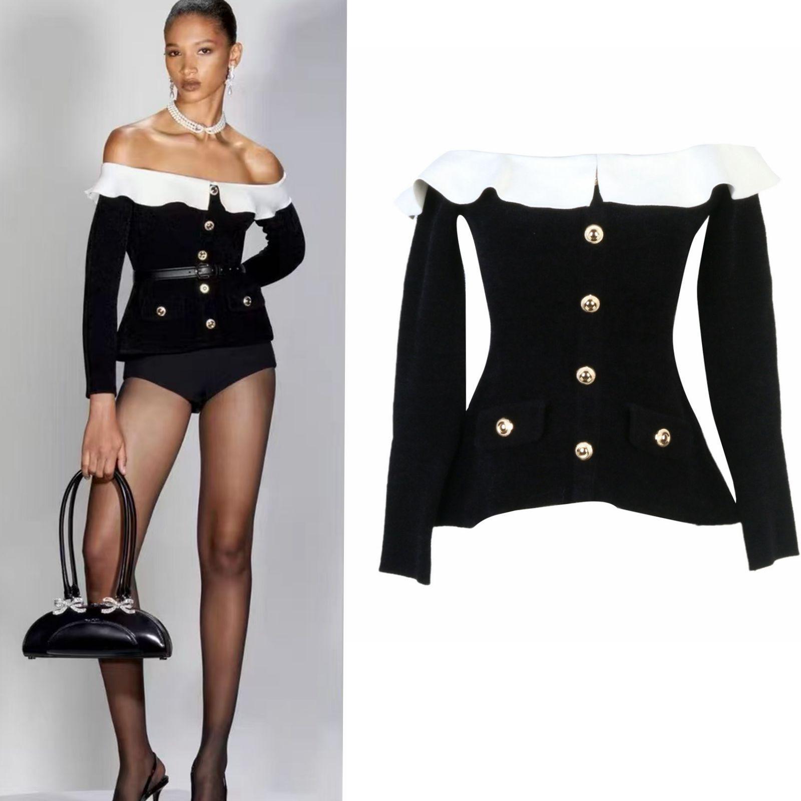 

2024 Autumn/Winter Black & White Color Block One-Shoulder Ruffle Knitted Sweater for Women Small