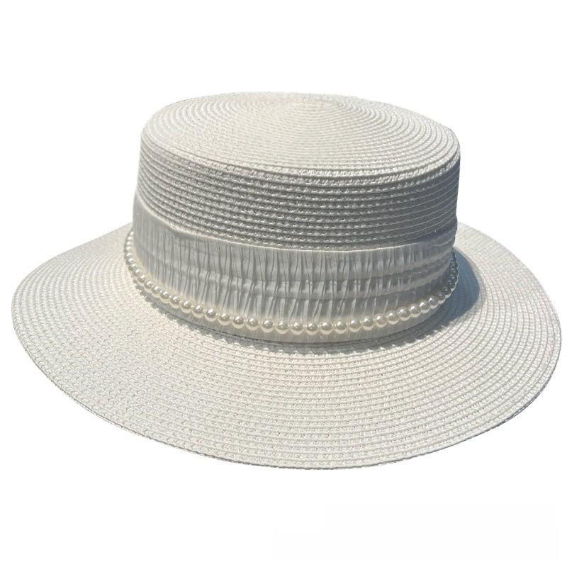 Summer Straw Hat With Pearl Chain And Wide Brim For Beach Sun Protection