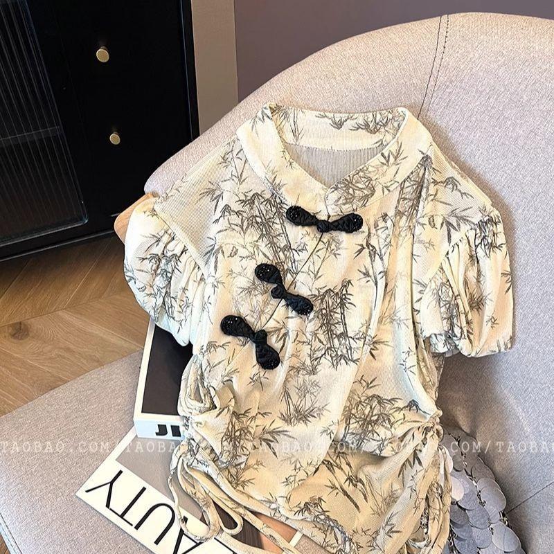 2025 Summer and Summer Slim-fit Bubble Sleeve Top Improved Cheongsam Bamboo Leaf Print Drawstring Shirt Women