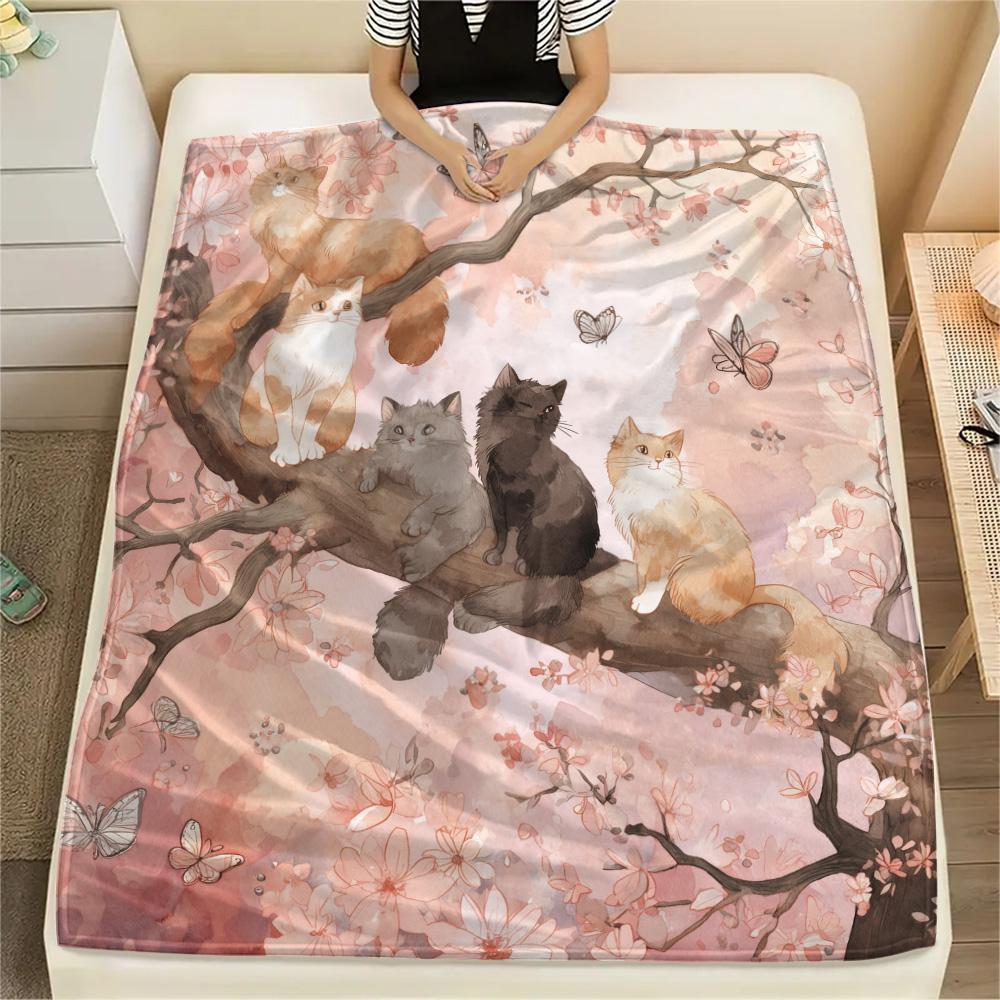 Butterfly Cat on a Branch  Print Flannel Blanket, High quality Comfortable for All Seasons, Home Decor, Warmth and Comfort