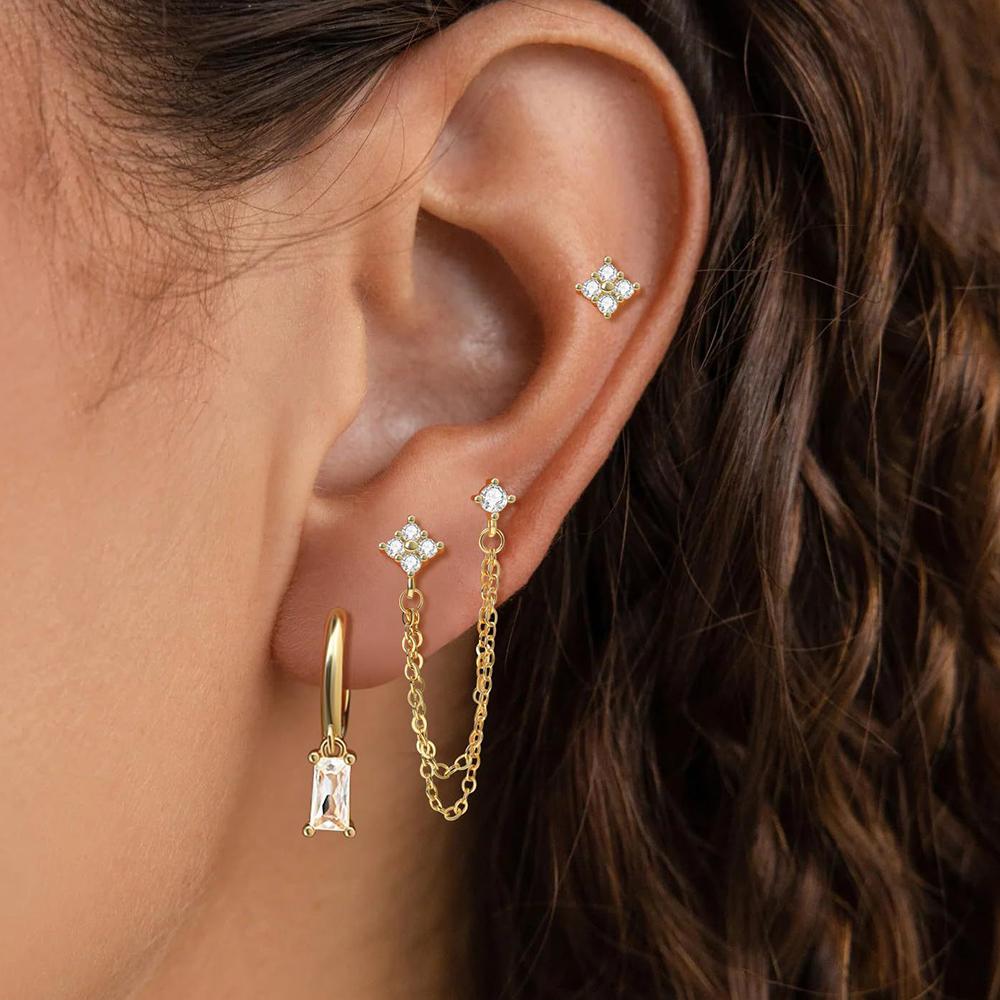 2PCS Stainless Steel December Birthday Stone Square Hanging Earrings Cubic Zirconia Chain Flower Dangle Earring Piercing Jewelry