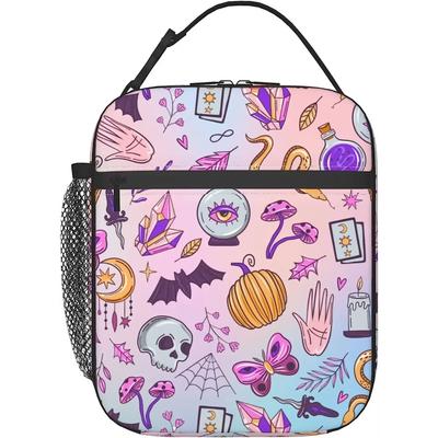 Kawaii Pastel Gothic Style Witchy Insulated Lunch Bag with Detachable Buckle Handle Portable Reusable Lunch Tote for Women Men
