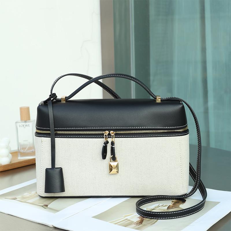 

LP27 Сумка-ланч-бокс из натуральной кожи и холста в стиле пэчворк - повседневная сумка-мессенджер для ношения под мышкой на осень/зиму 27x10x17cm чёрный