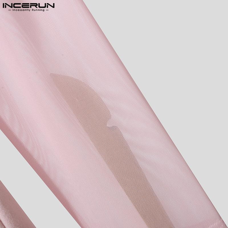 INCERUN Podzimní pánské rolákové topy s dlouhým rukávem, síťovanou patchworkovou aplikací, dlouhá tuniková trička