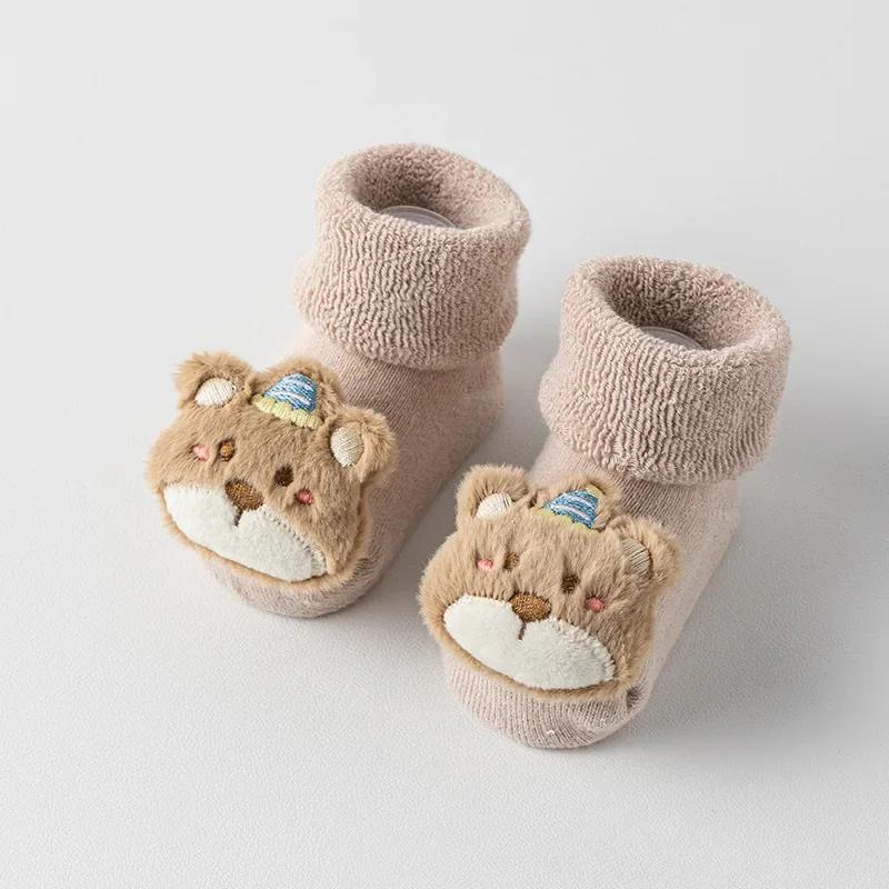 1 Pair Warm Terry Newborn Sock for Boy Girl Sweet Cartoon Animal Calf Sock for Toddler Autumn Winter Indoor Non-slip Floor Sock