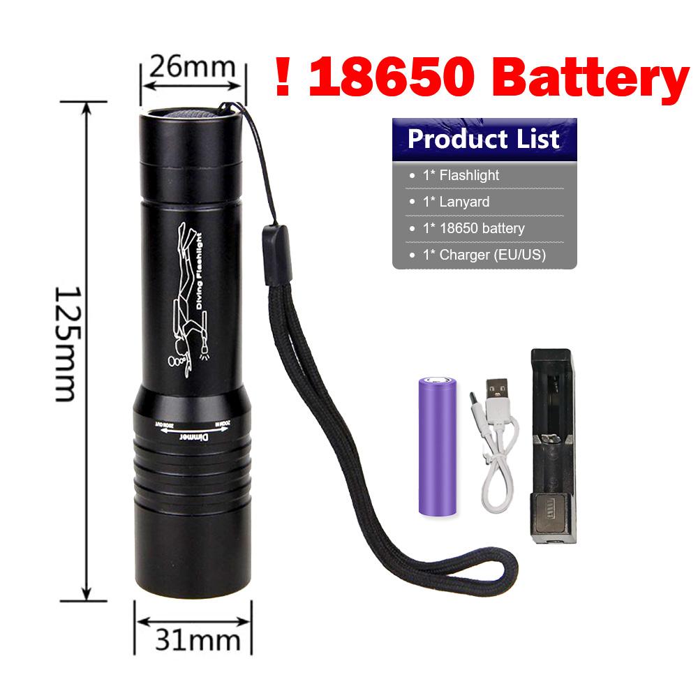 50M Professional Diving Torch IPX8 Waterproof USB C Rechargeable LED Flashlight 18650 Wrist Strap Underwater Scuba Diving Light