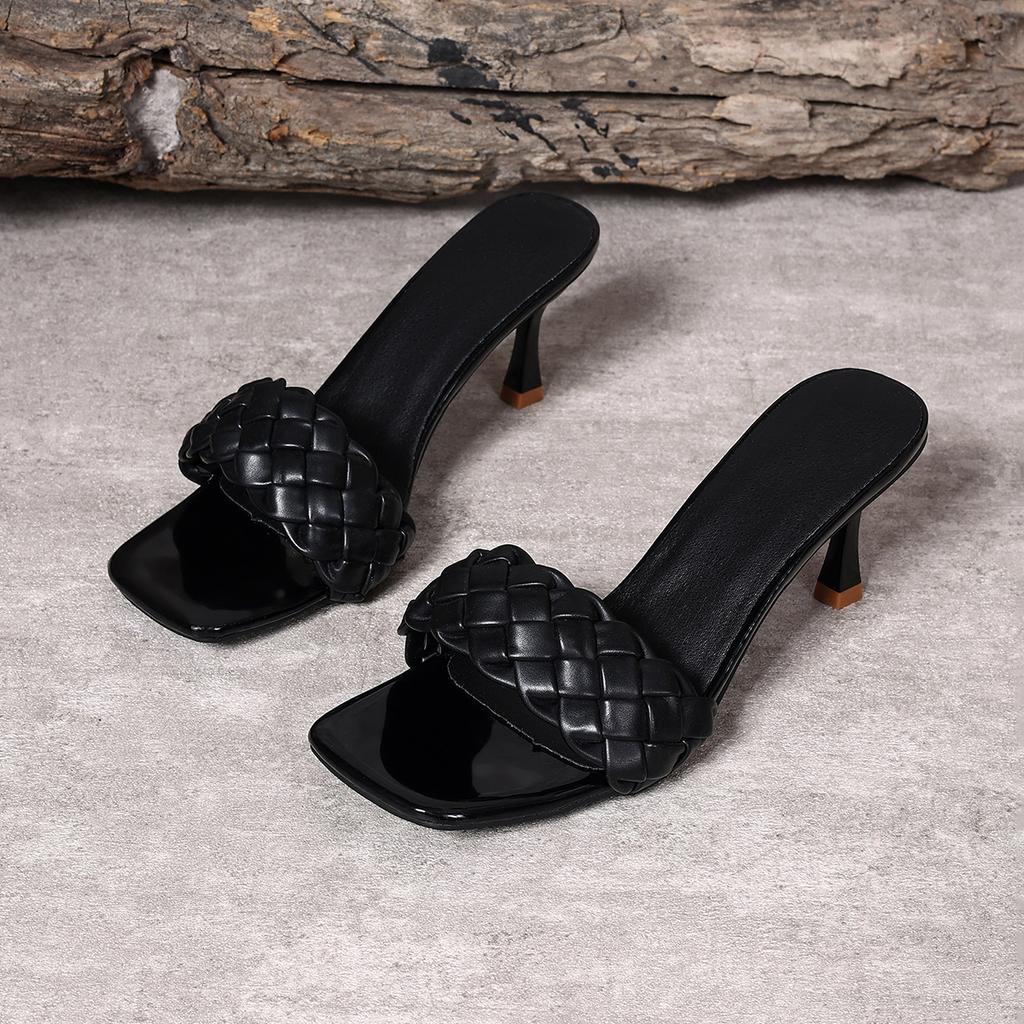 High Heel Slippers New Women's Fashion Stiletto Woven Flip Flops Square Toe Open Toe Outside Wear Cool Tug Summer