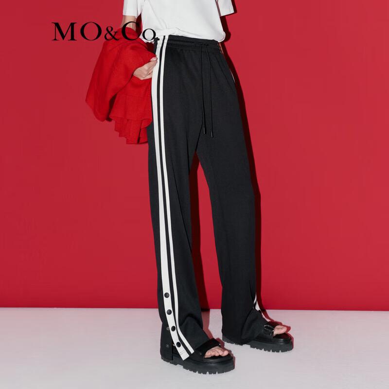 MO&Co. Elastic High Waist Contrast Trim Side Slit Casual Pants