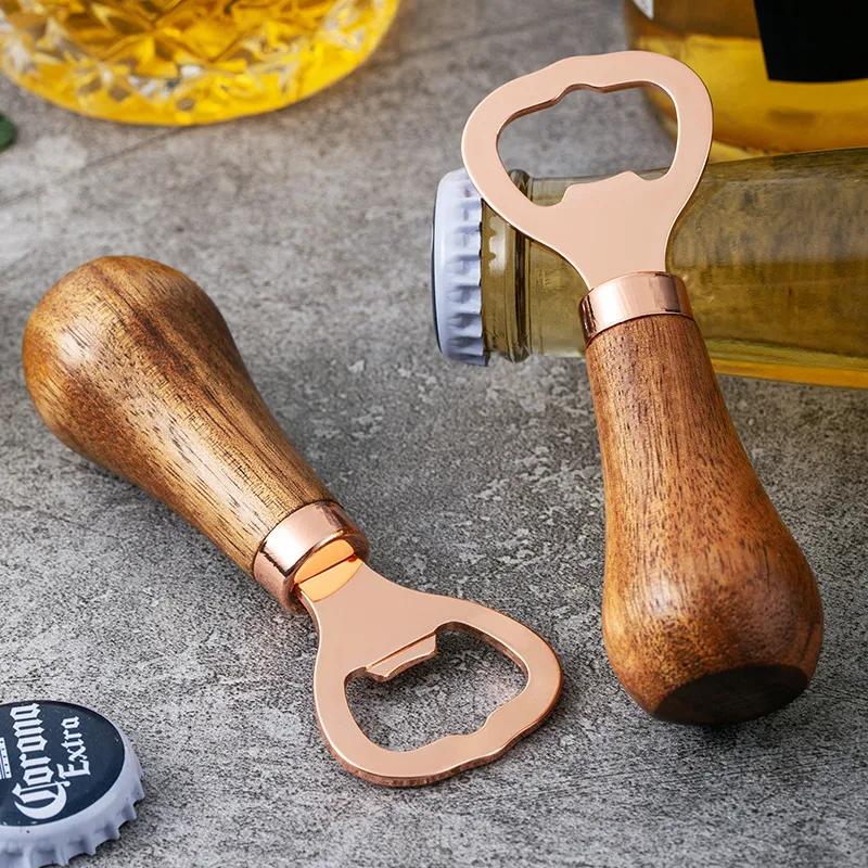 Portable Bartender Bottle Opener Solid Wooden Handle Handheld Stainless Steel Wine Beer Soda Glass Cap Bottles Openers Vintage Retro Home Kitchen Bar