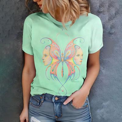 Damski miętowy T-shirt z abstrakcyjnym nadrukiem motyla, casualowy styl letni, okrągły dekolt, krótki rękaw, top do noszenia na co dzień