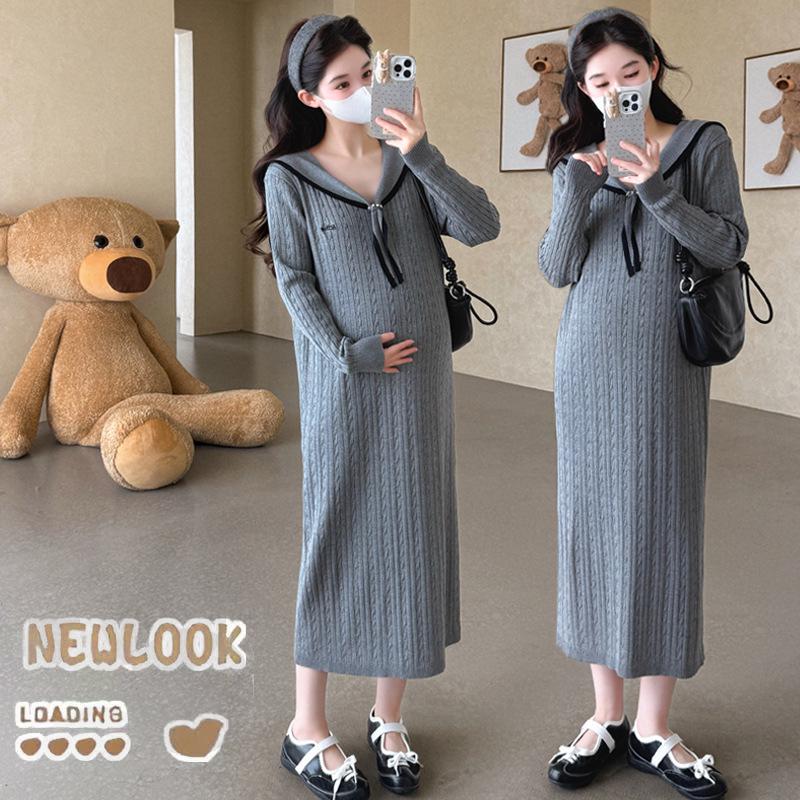 Navy Collar Plus Size Korean Style Knit Maternity Dress