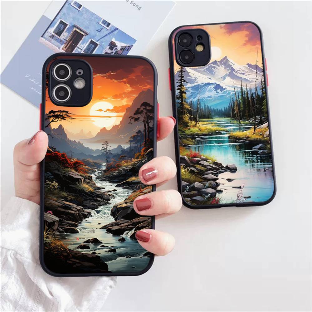 Landscape Painting Shockproof For iPhone X XR XS 11 12 13 14 15 16 pro Mini MAX transparent Matte Phone Case